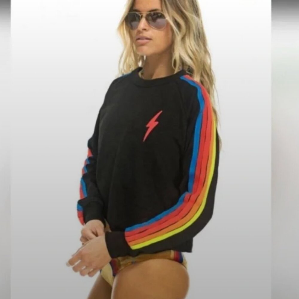 Aviator Nation Bolt Embroidery Classic Cropped Crew Sweatshirt Neon Stripes L